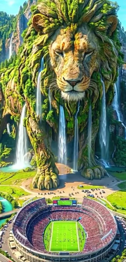 Majestic lion waterfall with stadium below in fantasy landscape.