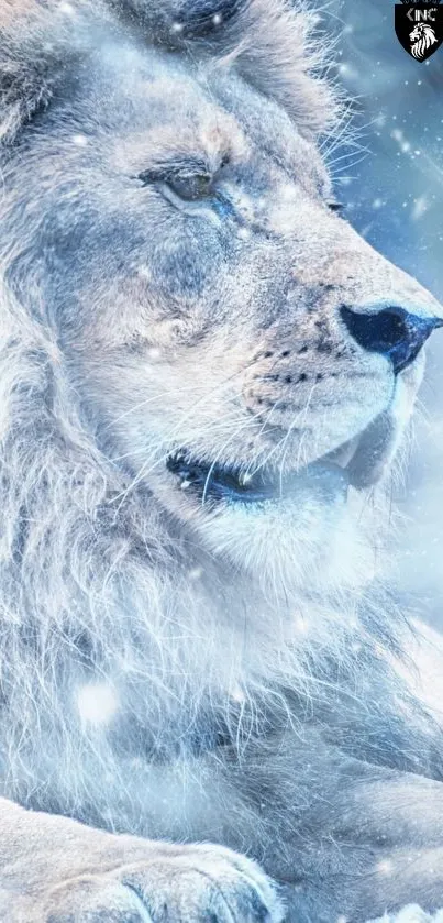 Majestic lion in a snowy, icy winter landscape.