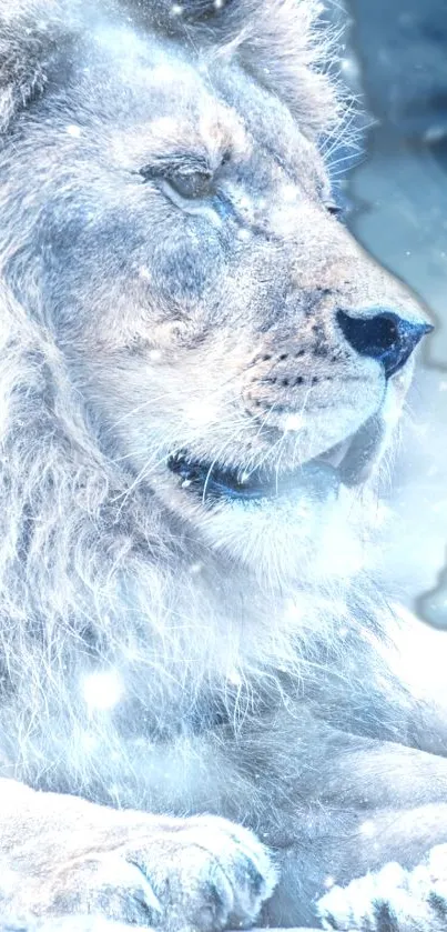 Majestic lion in an icy winter setting with blue tones.