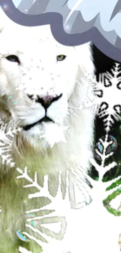 White lion with snowflakes in artistic winter design.