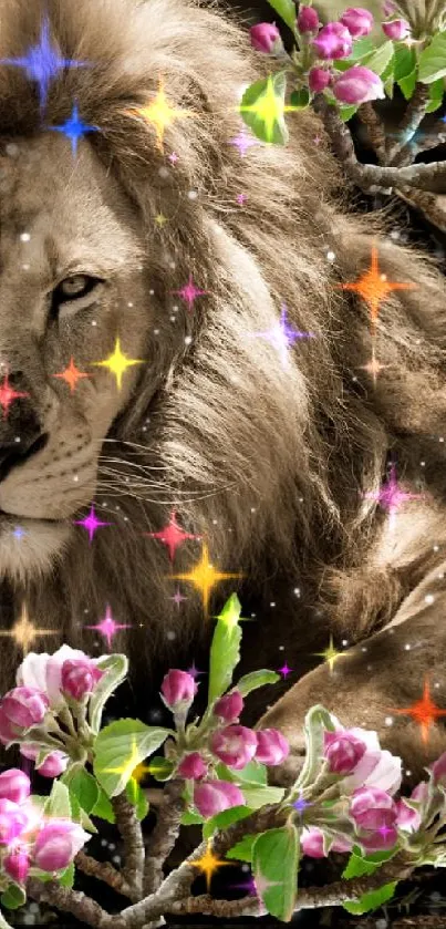 Majestic lion rests with pink blossoms in serene wilderness scene.
