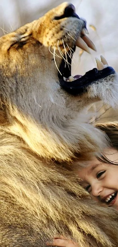 A child joyfully cuddling a majestic lion in the wild.