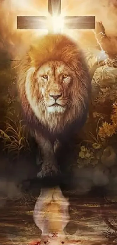 Majestic lion with cross in nature art wallpaper.