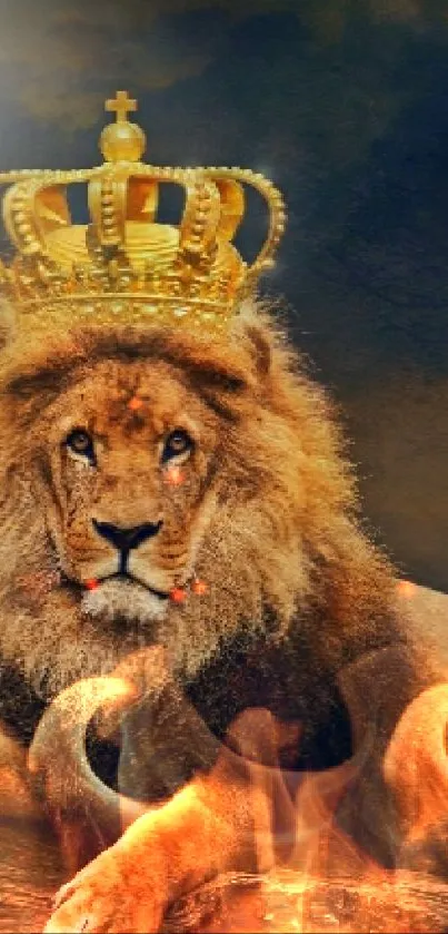 Lion wearing a golden crown on a dark, mystical background.