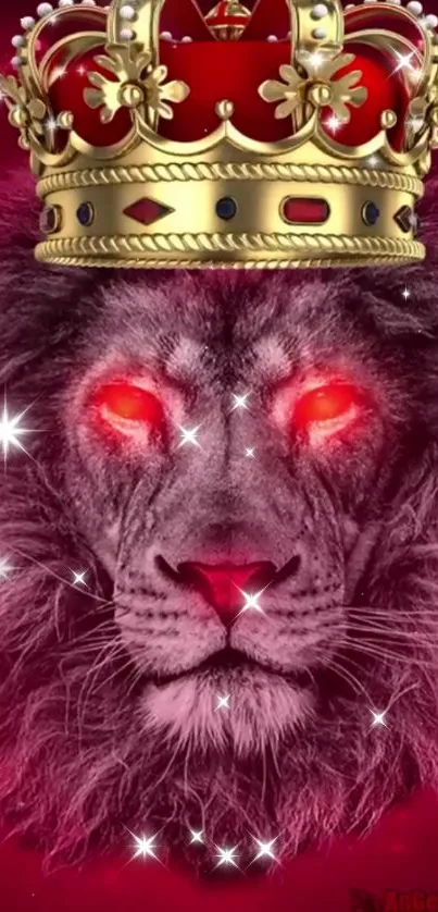 Majestic lion with glowing eyes and crown on a red background.