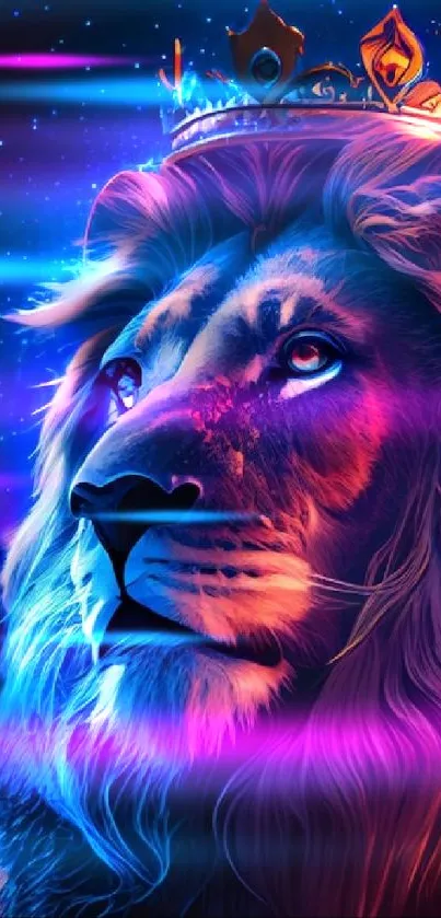 Vibrant digital artwork of a lion wearing a crown, featuring bold royal colors.