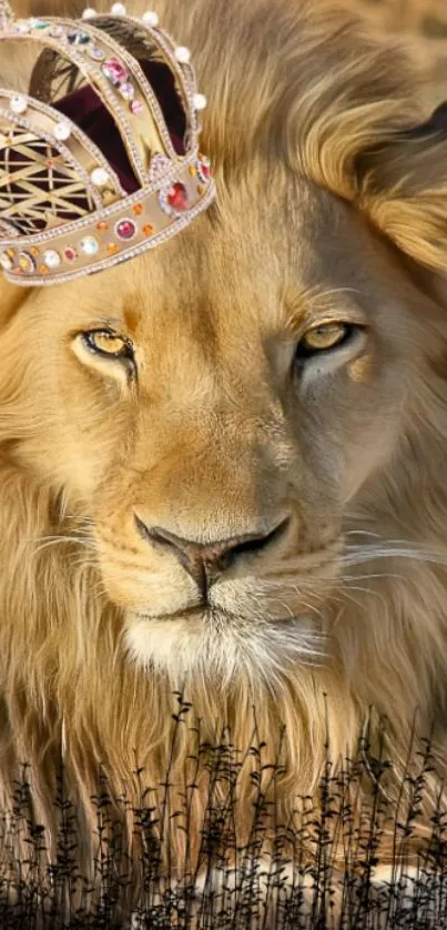 A majestic lion wearing a jeweled crown in a detailed artwork.