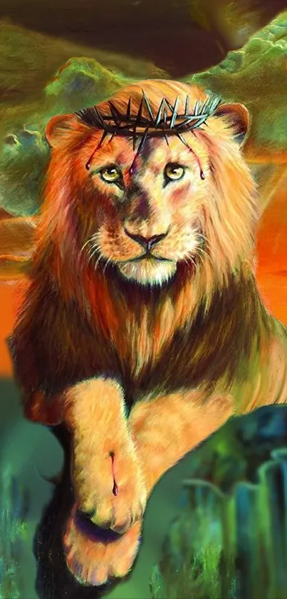 Majestic lion wearing a crown in a sunset-themed wallpaper.