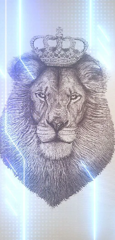 Monochrome drawing of a crowned lion head on a light gray background.