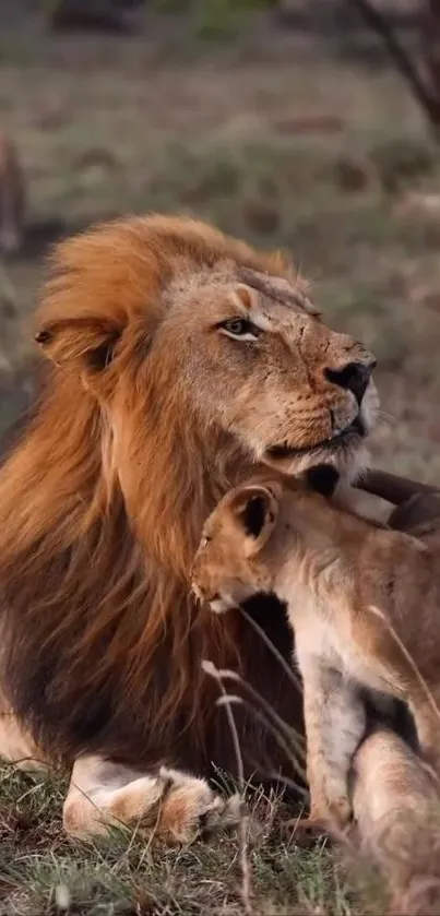 Lion with cub in savannah landscape wallpaper.