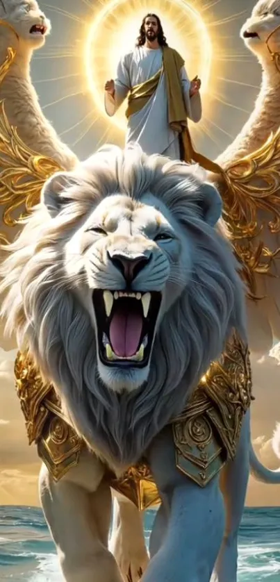 Divine figure on a majestic lion with celestial elements.