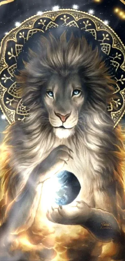 Majestic lion holding Earth with a cosmic background.