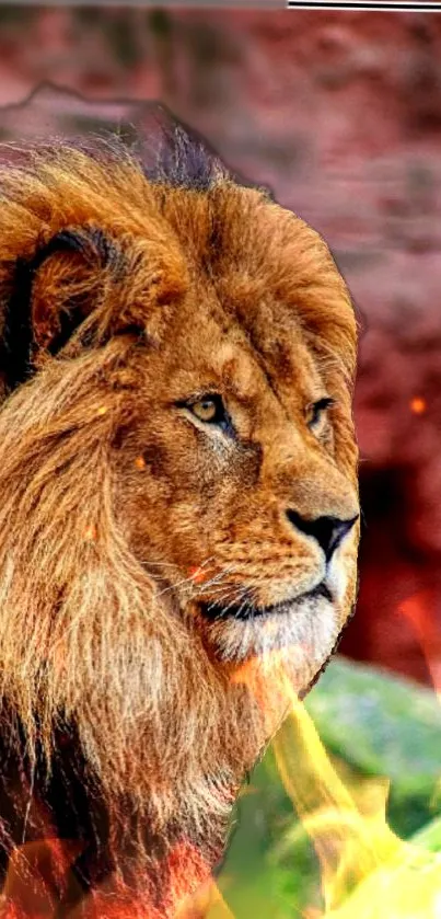 Majestic lion with fiery backdrop in vivid mobile wallpaper.