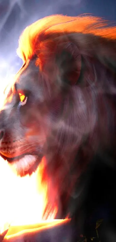 Majestic lion with fiery orange glow in dark hues, illuminating the night.