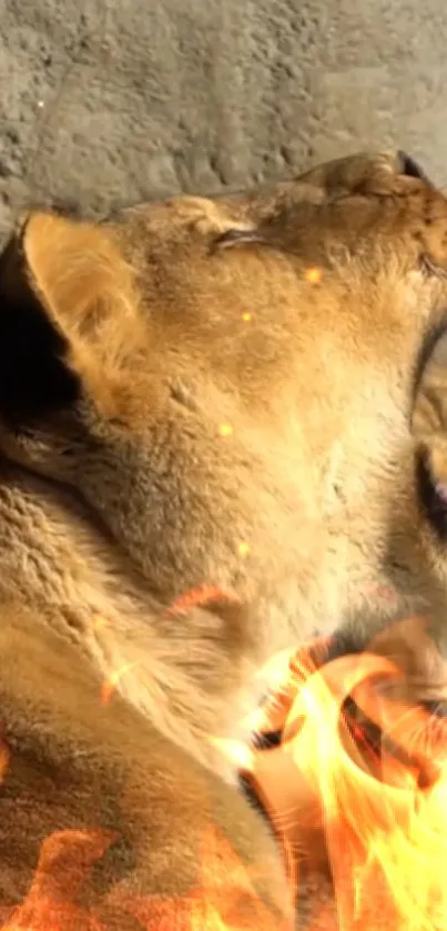 Serene lion with vibrant fiery glow, highlighted against a natural backdrop.