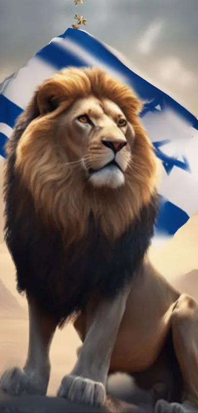 Majestic lion with a flag background.