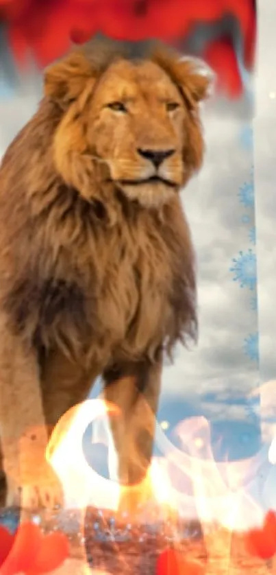 Lion with fiery flames and cloudy backdrop mobile wallpaper.