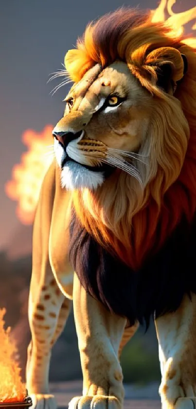 Lion with fiery mane standing confidently at sunrise.