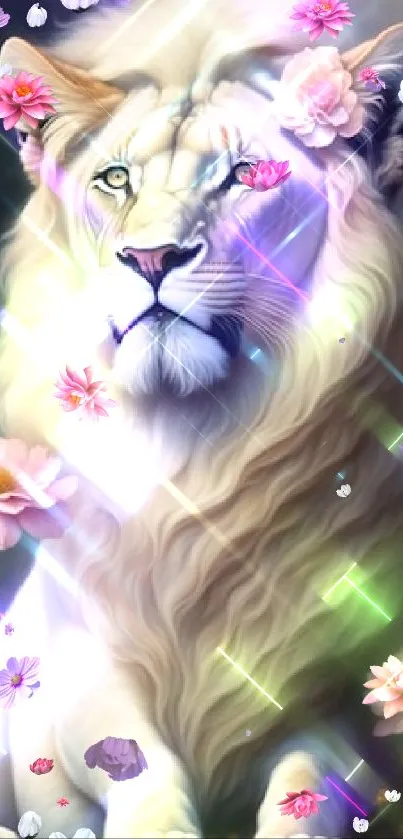 A majestic lion with flowers and glowing effects.