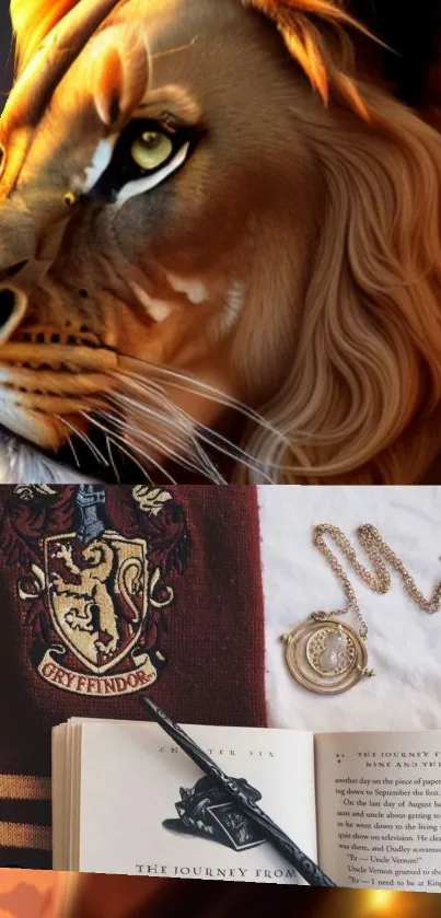 Majestic lion with Gryffindor crest and wizard artifacts.