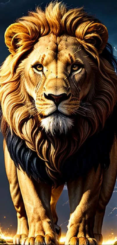 Majestic lion with lightning backdrop on mobile wallpaper.