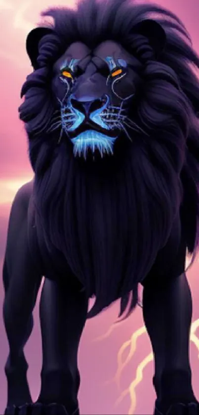 Majestic lion with purple lightning background.