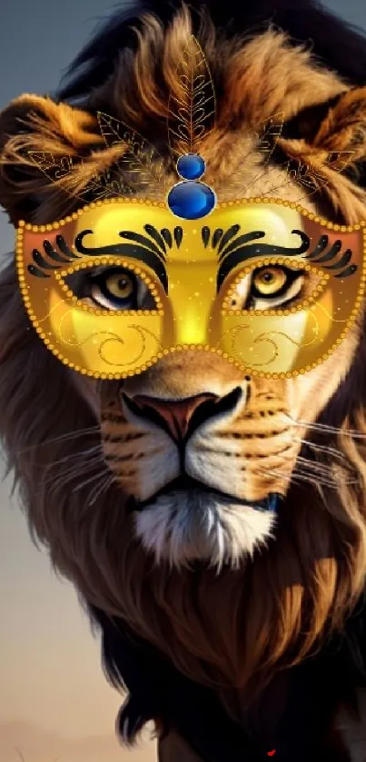 Lion wearing an ornate mask with a scenic background.