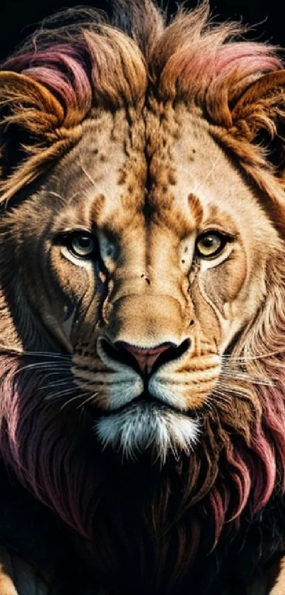 Lion with a distinct pink-tinted mane staring intently.