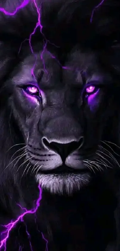 A majestic lion with glowing purple eyes and lightning effects in the background.