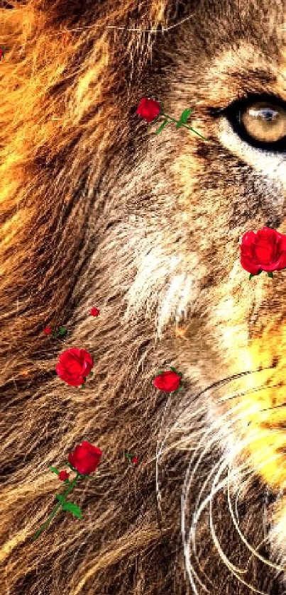 Close-up of lion's face with red roses.