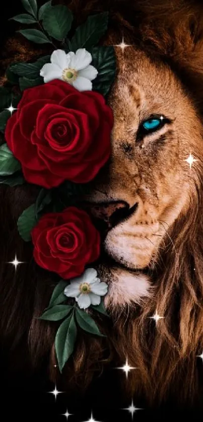 Lion with roses on dark background wallpaper.