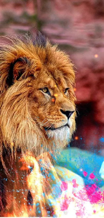 Majestic lion with colorful splash art.