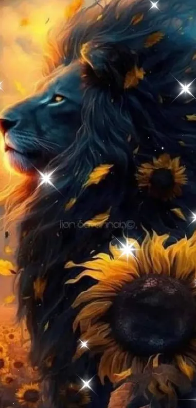 A majestic lion surrounded by sunflowers under a dramatic, fiery sky.