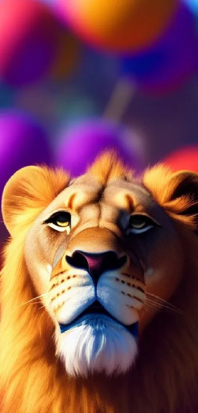 Lion with colorful balloons in vibrant mobile wallpaper.