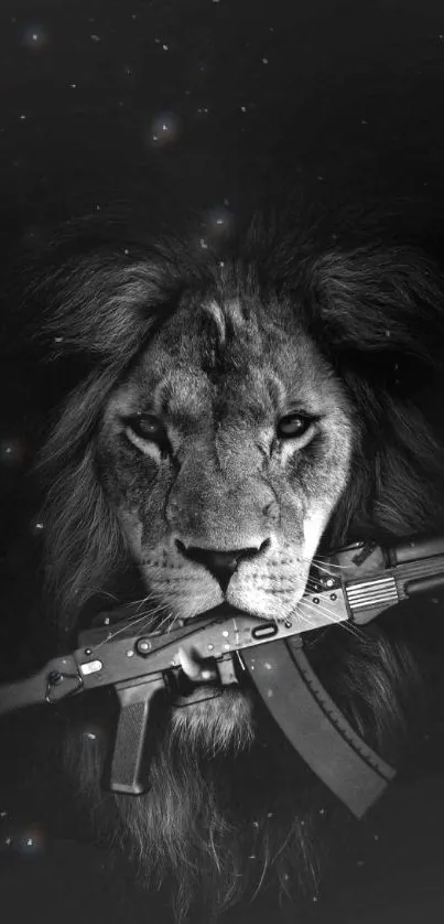 Lion with a weapon in a striking black background wallpaper.