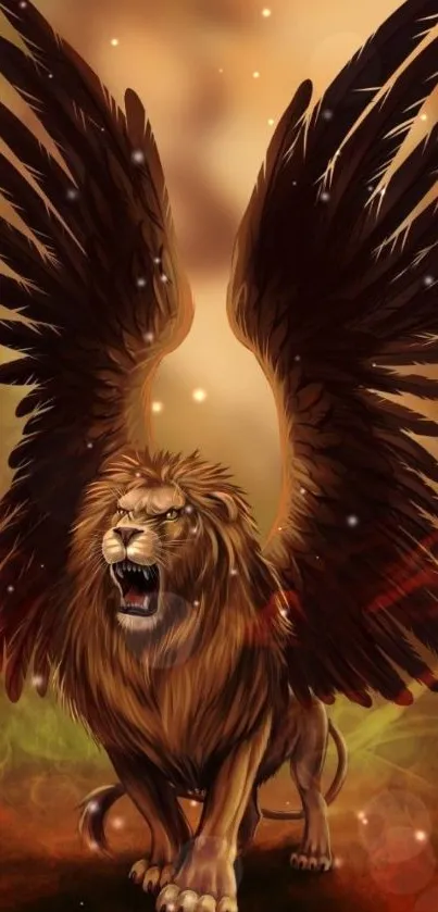 Winged lion in fantasy digital art wallpaper.