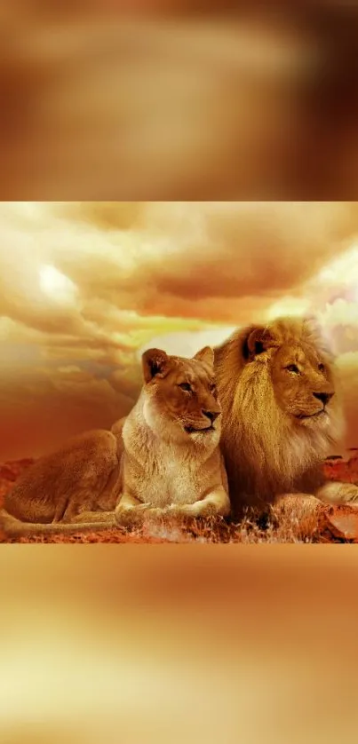 Majestic lion and lioness under a golden sunset in the savanna.