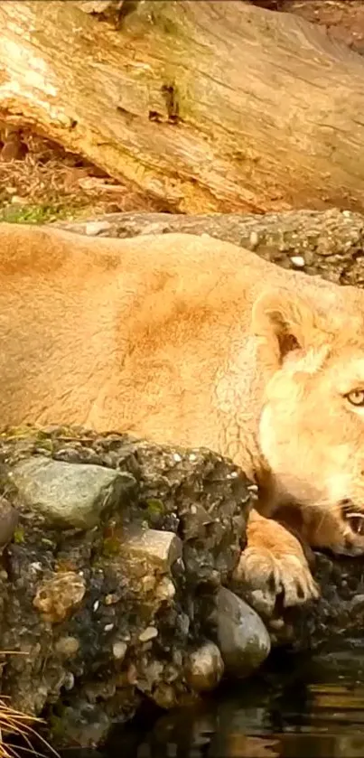 A lioness resting beside a rocky water pool in the wild.