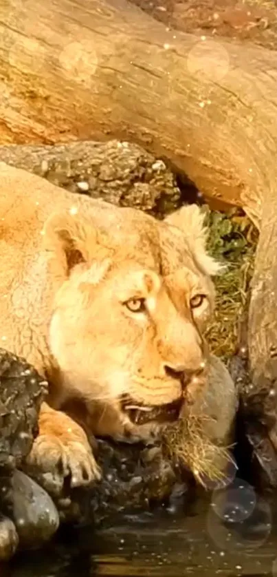 A majestic lioness resting by a tranquil stream in warm golden sunlight.