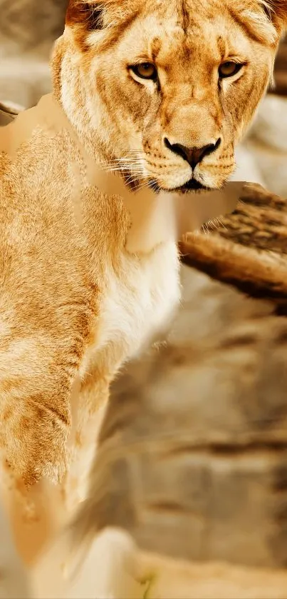 Majestic lioness standing in a natural habitat setting, rich in golden brown tones.