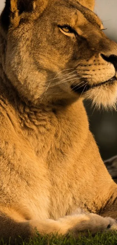 A majestic lioness rests in a sunlit natural setting.