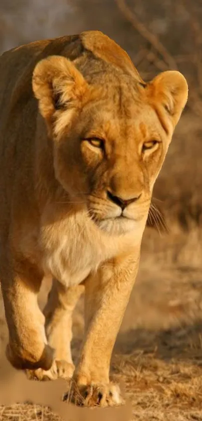 Majestic lioness walking in the golden savanna under the warm sun.