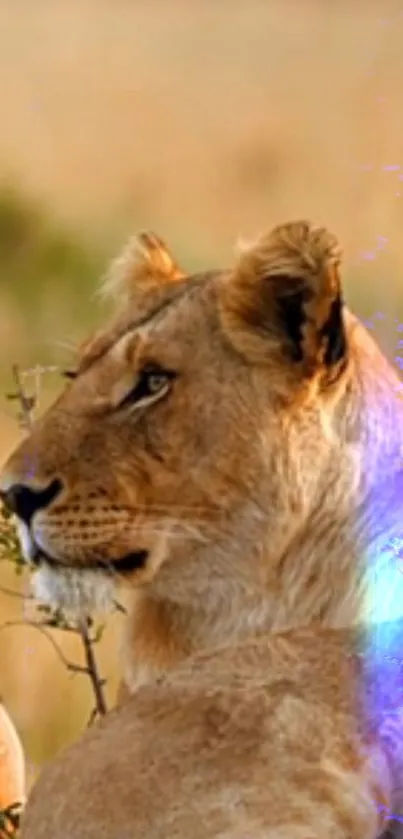 Serene lioness resting in the savannah landscape.