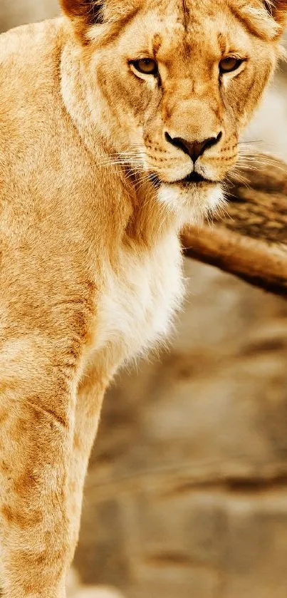 Close-up of a lioness perched on a tree branch.