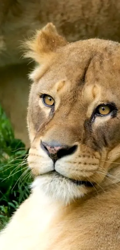 Close-up portrait of a lioness in nature setting, showcasing calming beauty and strength.