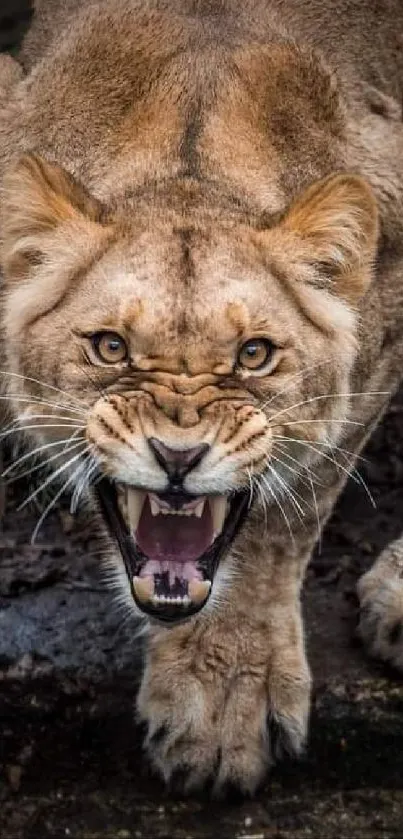 A fierce lioness roaring intensely in a monochrome brown-themed wallpaper.