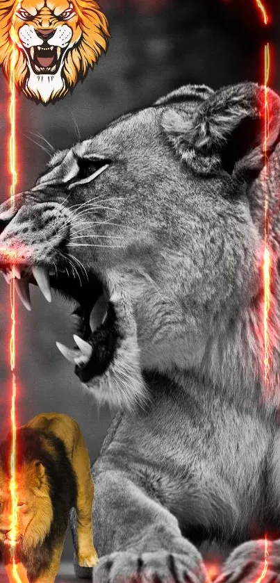 Black and white image of a roaring lioness in profile view.