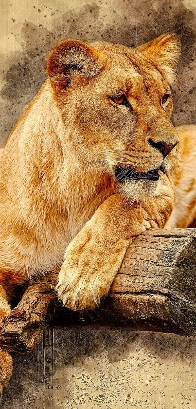 Artistic lioness resting on a log with rustic background.