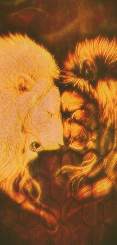 Artistic wallpaper with two lions in orange tones.