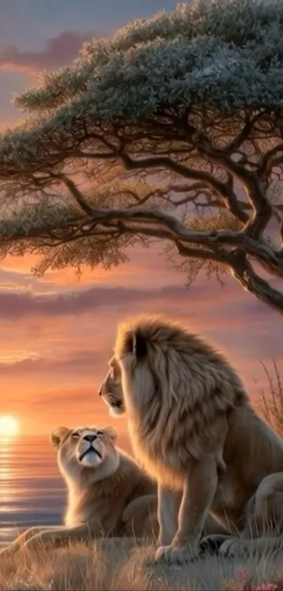 Lions sitting by a tree during a beautiful sunset.